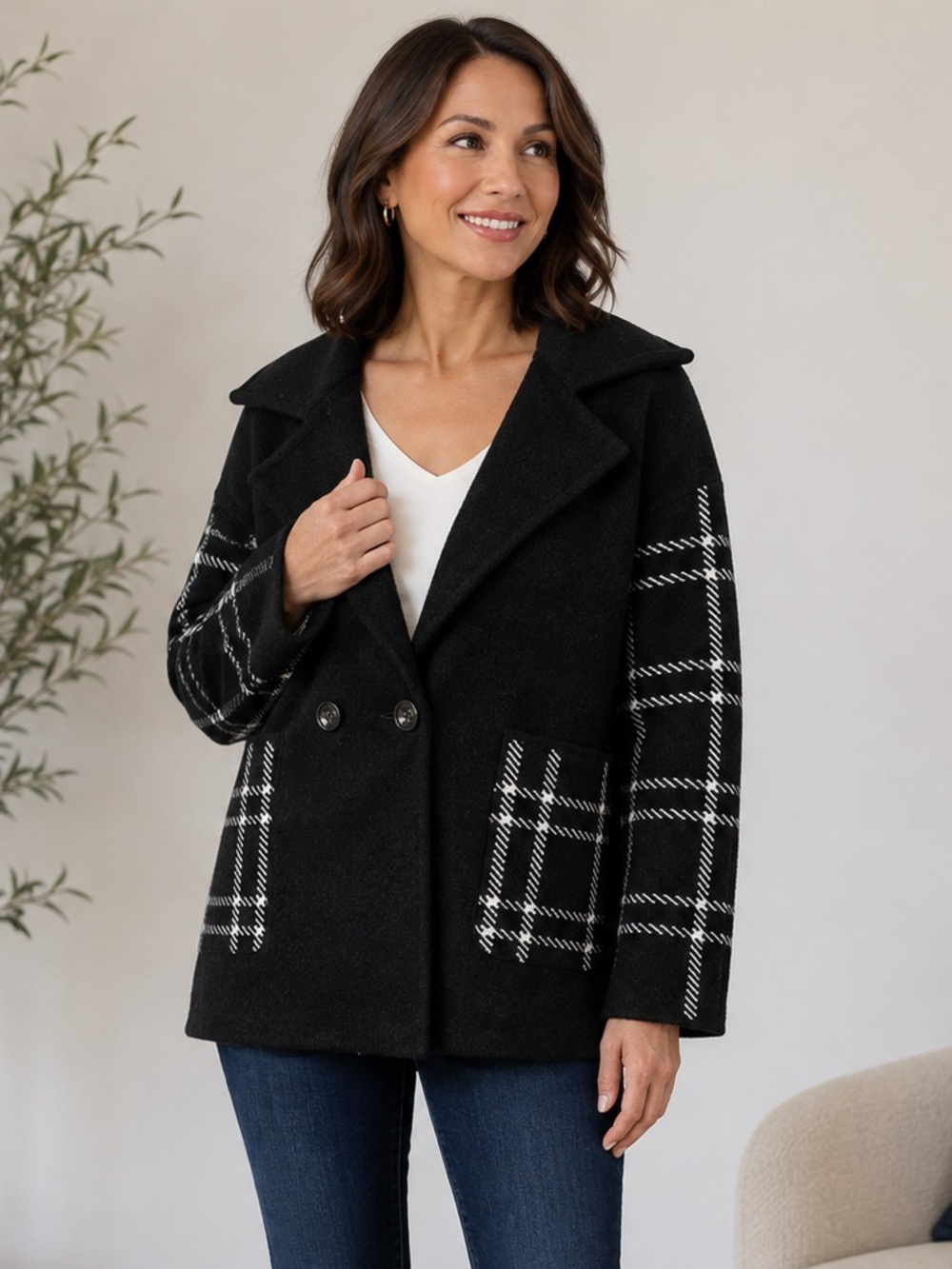 Stitch Fix Kut From The Kloth Azalea Houndstooth‎ Plaid Coat Black/White Medium